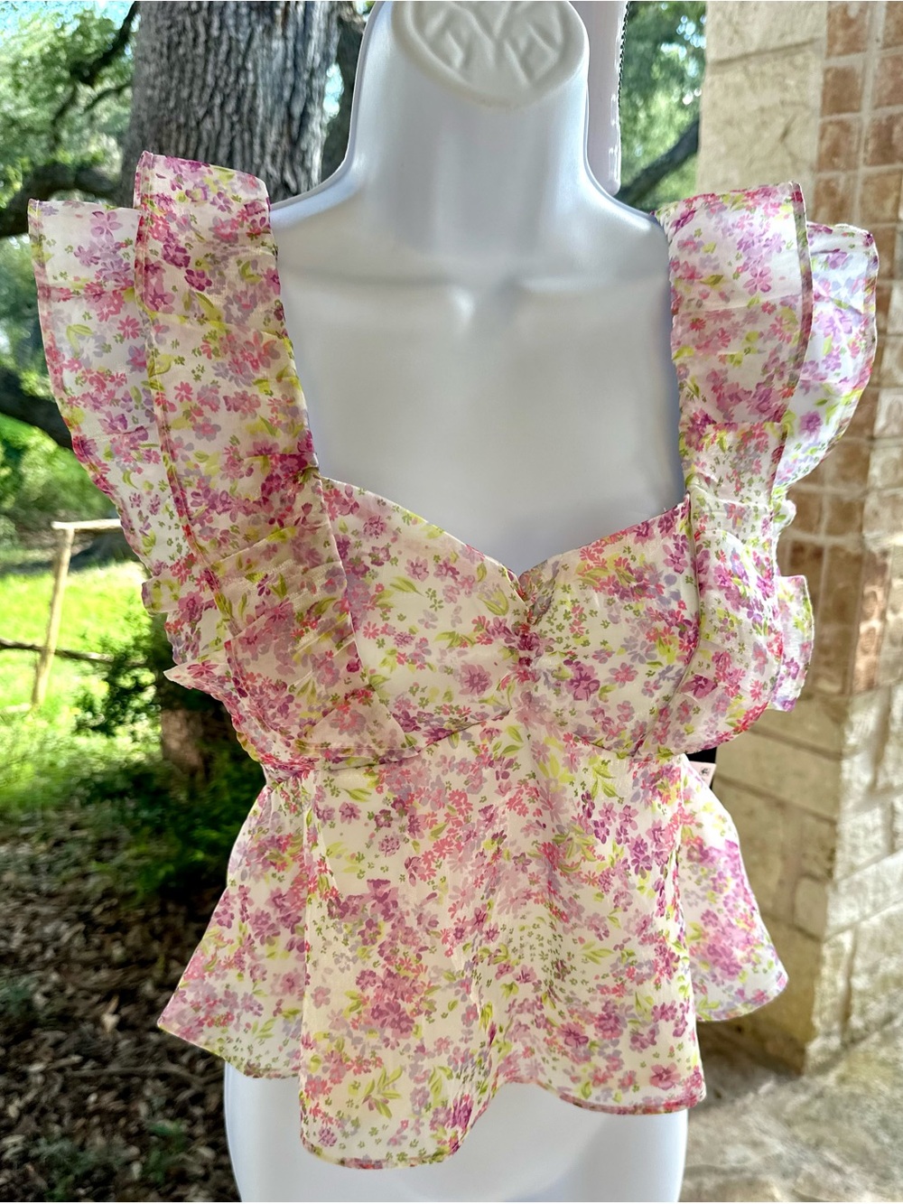 Wildfox Pink & Green Floral Ruffle Peplum Top